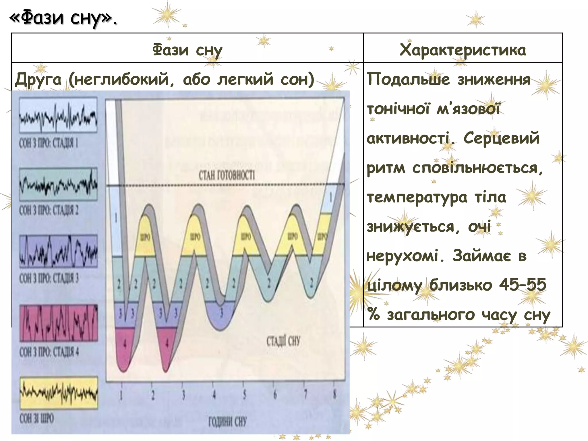 «Фази сну».
Фази сну Характеристика
Друга (неглибокий, або легкий сон) Подальше зниження
тонічної м’язової
активності. Серцевий
ритм сповільнюється,
температура тіла
знижується, очі
нерухомі. Займає в
цілому близько 45–55
% загального часу сну
 