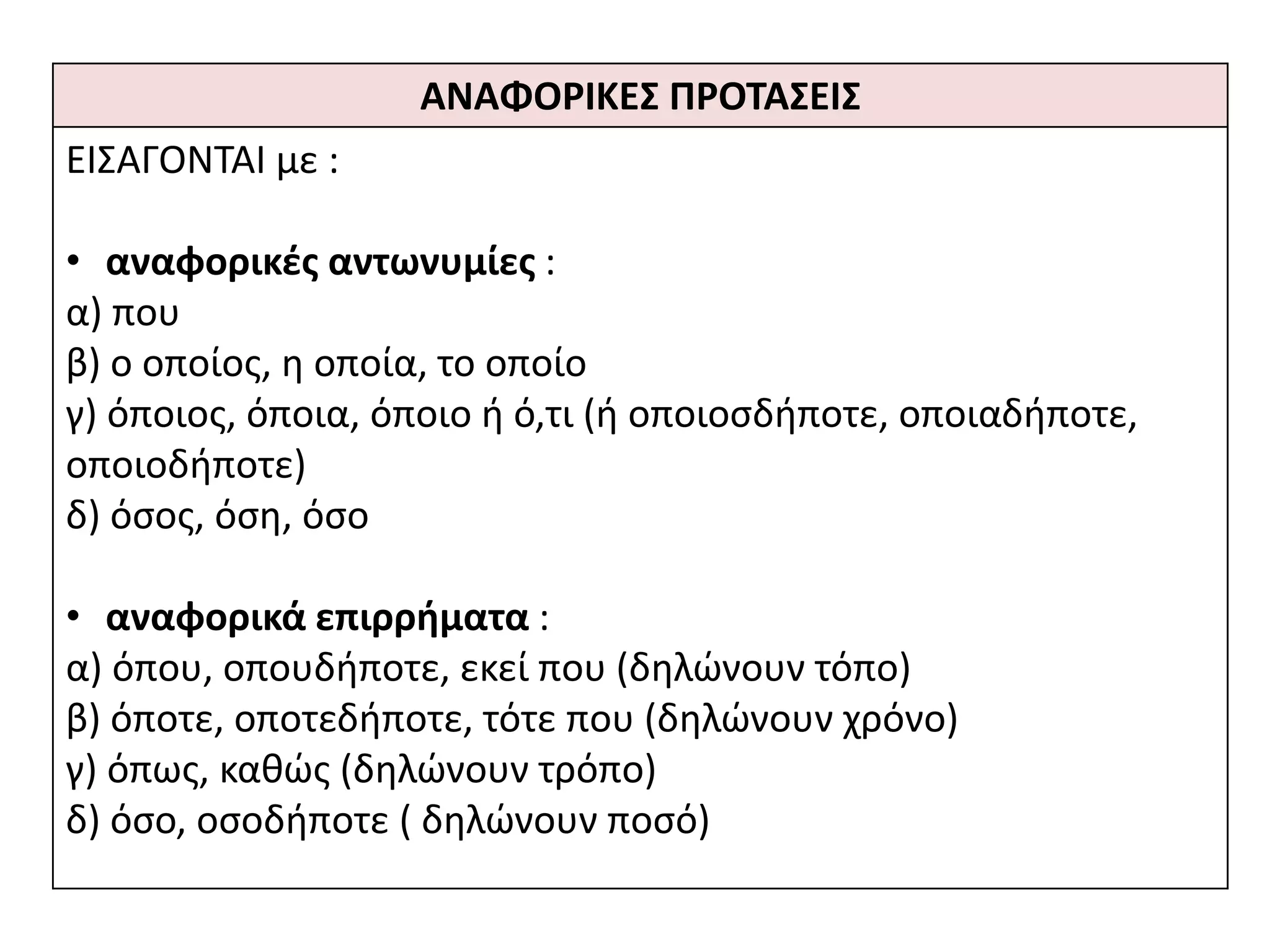 ΑΝΑΦΟΡΙΚΕ΢ ΠΡΟΣΑ΢ΕΙ΢
ΕΛΣΑΓΟΝΤΑΛ με :
• αναφορικζσ αντωνυμίεσ :
α) που
β) ο οποίοσ, θ οποία, το οποίο
γ) όποιοσ, όποια, όποιο ι ό,τι (ι οποιοςδιποτε, οποιαδιποτε,
οποιοδιποτε)
δ) όςοσ, όςθ, όςο
• αναφορικά επιρρήματα :
α) όπου, οπουδιποτε, εκεί που (δθλϊνουν τόπο)
β) όποτε, οποτεδιποτε, τότε που (δθλϊνουν χρόνο)
γ) όπωσ, κακϊσ (δθλϊνουν τρόπο)
δ) όςο, οςοδιποτε ( δθλϊνουν ποςό)
 