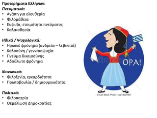 Προτερήματα Ελλήνων:
Πνευματικά:
• Αγάπθ για ελευκερία
• Φιλομάκεια
• Ευφυΐα, ετοιμότθτα πνεφματοσ
• Καλαιςκθςία
Ηθικά / Ψυχολογικά:
• Θρωικό φρόνθμα (ανδρεία – λεβεντιά)
• Καλοςφνθ / γενναιοψυχία
• Ρνεφμα δικαιοςφνθσ
• Αδοφλωτο φρόνθμα
Κοινωνικά:
• Φιλοξενία, εγκαρδιότθτα
• Ρρωτοβουλία / δθμιουργικότθτα
Πολιτικά:
• Φιλοπατρία
• Κεμελίωςθ Δθμοκρατίασ
 