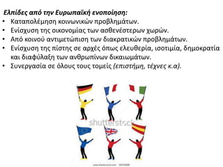Ελπίδεσ από την Ευρωπαϊκή ενοποίηςη:
• Καταπολζμθςθ κοινωνικϊν προβλθμάτων.
• Ενίςχυςθ τθσ οικονομίασ των αςκενζςτερων χωρϊν.
• Από κοινοφ αντιμετϊπιςθ των διακρατικϊν προβλθμάτων.
• Ενίςχυςθ τθσ πίςτθσ ςε αρχζσ όπωσ ελευκερία, ιςοτιμία, δθμοκρατία
και διαφφλαξθ των ανκρωπίνων δικαιωμάτων.
• Συνεργαςία ςε όλουσ τουσ τομείσ (επιςτήμη, τζχνεσ κ.α).
 