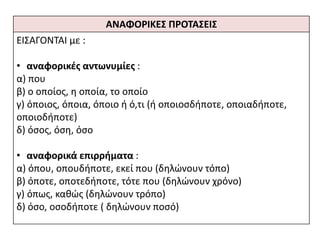 ΑΝΑΦΟΡΙΚΕ΢ ΠΡΟΣΑ΢ΕΙ΢
ΕΛΣΑΓΟΝΤΑΛ με :
• αναφορικζσ αντωνυμίεσ :
α) που
β) ο οποίοσ, θ οποία, το οποίο
γ) όποιοσ, όποια, όποιο ι ό,τι (ι οποιοςδιποτε, οποιαδιποτε,
οποιοδιποτε)
δ) όςοσ, όςθ, όςο
• αναφορικά επιρρήματα :
α) όπου, οπουδιποτε, εκεί που (δθλϊνουν τόπο)
β) όποτε, οποτεδιποτε, τότε που (δθλϊνουν χρόνο)
γ) όπωσ, κακϊσ (δθλϊνουν τρόπο)
δ) όςο, οςοδιποτε ( δθλϊνουν ποςό)
 