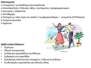 Ελαττϊματα:
o Ξενομανία / ςυναίςκθμα κατωτερότθτασ
o Επιπολαιότθτα / ζλλειψθ τάξθσ, ςυςτιματοσ, προγραμματιςμοφ
o Εγωιςμόσ / αλαηονεία
o Απεικαρχία
o Ρονθριά με τάςθ προσ τθν απάτθ / ςυμφεροντολόγοσ – ατομιςτισ (Ο Ζλλθνασ)
o Λςτορικι αμνθςία
o Διχόνοια
Ορθή ςτάςη Ελλήνων:
• Ομόνοια
• Εκνικι αυτογνωςία
• Συλλογικι προςπάκεια και κζλθςθ
• Σεβαςμόσ ςτο παρελκόν
• Διατιρθςθ πολιτιςτικϊν ςτοιχείων / εκνικι ςυνείδθςθ
• Συνδυαςμόσ ευρωπαϊκισ και εκνικισ ιδζασ
 