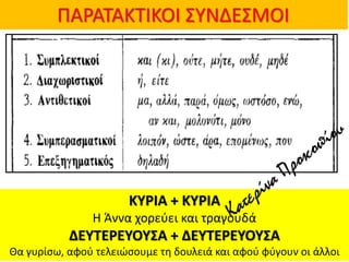 ΡΑ΢ΑΤΑΚΤΛΚΟΛ ΣΥΝΔΕΣΜΟΛ
ΚΤΡΙΑ + ΚΤΡΙΑ
Θ Άννα χορεφει και τραγουδά
ΔΕΤΣΕΡΕΤΟΤ΢Α + ΔΕΤΣΕΡΕΤΟΤ΢Α
Κα γυρίςω, αφοφ τελειϊςουμε τθ δουλειά και αφοφ φφγουν οι άλλοι
 
