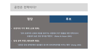 공천은 전략이다?
• 유권자의 지지 확대 (신뢰 회복)
“당이 유권자의 신뢰와 호응을 일어가는 과정에서 위기 탈출을 위한 전략으로서
포괄성이 높은 경선 방식을 택한다.” (Rahat & Hazan 2003)
• 당내 권력 투쟁 (계파세력 확장)
“공천은 당내 권력관계의 결과물인 동시에 내부권력관계를 바꾸는 행위” (Henig 1969)
후보정당
Copyright 2016. All rights reserved by Lee, Kangwon
 