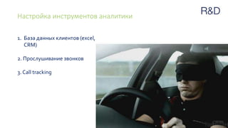 Настройка инструментов аналитики
1. База данных клиентов (excel,
CRM)
2. Прослушивание звонков
3. Call tracking
 