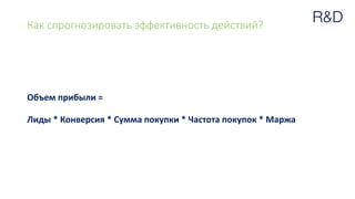 Как спрогнозировать эффективность действий?
Объем прибыли =
Лиды * Конверсия * Сумма покупки * Частота покупок * Маржа
 
