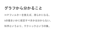 グラフから分かること
ＨＰフィルターを使えば、滑らかになる。
λの値をいかに仮定すべきかは分からない。
科学というより、テクニックという印象。
 
