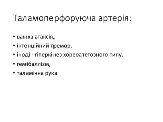 Таламоперфоруюча артерія:
• важка атаксія,
• інтенційний тремор,
• іноді - гіперкінез хореоатетозного типу,
• гемібаллізм,
• таламічна рука
 