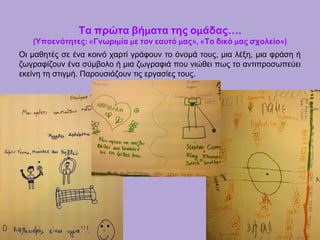 Τα πρώτα βήματα της ομάδας….
(Υποενότητες: «Γνωριμία με τον εαυτό μας», «Το δικό μας σχολείο»)
Οι μαθητές σε ένα κοινό χαρτί γράφουν το όνομά τους, μια λέξη, μια φράση ή
ζωγραφίζουν ένα σύμβολο ή μια ζωγραφιά που νιώθει πως το αντιπροσωπεύει
εκείνη τη στιγμή. Παρουσιάζουν τις εργασίες τους.
 