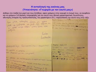 Η ανταλλαγή της εικόνας μας
(Υποενότητα: «Γνωριμία με τον εαυτό μας»)
Δόθηκε στα παιδιά ένα χαρτί και τους ζητήθηκε, αφού γράψουν στην κορυφή το όνομά τους, να σκεφθούν
και να γράψουν 3-5 βασικές πληροφορίες για τον εαυτό τους (θετικά χαρακτηριστικά, δυνατότητες,
αδυναμίες στοιχεία της προσωπικότητας, του χαρακτήρα κ.λπ.). παρουσίασαν τον εαυτό τους στην τάξη.
 