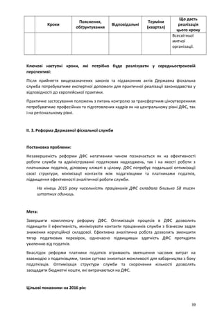 Кроки
Пояснення,
обґрунтування
Відповідальні
Терміни
(квартал)
Що дасть
реалізація
цього кроку
Всесвітньої
митної
організації.
Ключові наступні кроки, які потрібно буде реалізувати у середньостроковій
перспективі:
Після прийняття вищезазначених законів та підзаконних актів Державна фіскальна
служба потребуватиме експертної допомоги для практичної реалізації законодавства у
відповідності до європейської практики.
Практичне застосування положень з питань контролю за трансфертним ціноутворенням
потребуватиме професійних та підготовлених кадрів як на центральному рівні ДФС, так
і на регіональному рівні.
II. 3. Реформа Державної фіскальної служби
Постановка проблеми:
Незавершеність реформи ДФС негативним чином позначається як на ефективності
роботи служби та адмініструванні податкових надходжень, так і на якості роботи з
платниками податків, діловому кліматі в цілому. ДФС потребує подальшої оптимізації
своєї структури, мінімізації контактів між податківцями та платниками податків,
підвищення ефективності аналітичної роботи служби.
На кінець 2015 року чисельність працівників ДФС складала близько 58 тисяч
штатних одиниць.
Мета:
Завершити комплексну реформу ДФС. Оптимізація процесів в ДФС дозволить
підвищити її ефективність, мінімізувати контакти працівників служби з бізнесом задля
зниження корупційної складової. Ефективна аналітична робота дозволить зменшити
тягар податкових перевірок, одночасно підвищивши здатність ДФС протидіяти
ухиленню від податків.
Внаслідок реформи платники податків отримають зменшення часових витрат на
взаємодію з податківцями, також суттєво знизяться можливості для хабарництва з боку
податківців. Оптимізація структури служби та скорочення кількості дозволять
заощадити бюджетні кошти, які витрачаються на ДФС.
Цільові показники на 2016 рік:
39
 