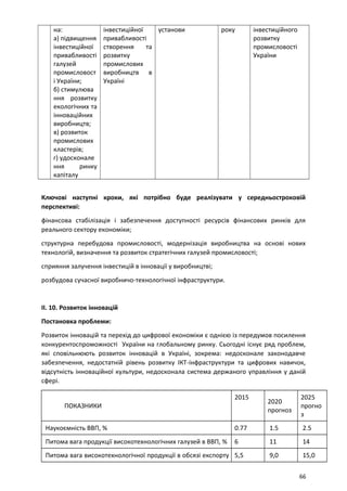на:
а) підвищення
інвестиційної
привабливості
галузей
промисловост
і України;
б) стимулюва
ння розвитку
екологічних та
інноваційних
виробництв;
в) розвиток
промислових
кластерів;
г) удосконале
ння ринку
капіталу
інвестиційної
привабливості
створення та
розвитку
промислових
виробництв в
Україні
установи року інвестиційного
розвитку
промисловості
України
Ключові наступні кроки, які потрібно буде реалізувати у середньостроковій
перспективі:
фінансова стабілізація і забезпечення доступності ресурсів фінансових ринків для
реального сектору економіки;
структурна перебудова промисловості, модернізація виробництва на основі нових
технологій, визначення та розвиток стратегічних галузей промисловості;
сприяння залучення інвестицій в інновації у виробництві;
розбудова сучасної виробничо-технологічної інфраструктури.
II. 10. Розвиток інновацій
Постановка проблеми:
Розвиток інновацій та перехід до цифрової економіки є однією із передумов посилення
конкурентоспроможності України на глобальному ринку. Сьогодні існує ряд проблем,
які сповільнюють розвиток інновацій в Україні, зокрема: недосконале законодавче
забезпечення, недостатній рівень розвитку ІКТ-інфраструктури та цифрових навичок,
відсутність інноваційної культури, недосконала система держаного управління у даній
сфері.
ПОКАЗНИКИ
2015
2020
прогноз
2025
прогно
з
Наукоємність ВВП, % 0.77 1.5 2.5
Питома вага продукції високотехнологічних галузей в ВВП, % 6 11 14
Питома вага високотехнологічної продукції в обсязі експорту 5,5 9,0 15,0
66
 