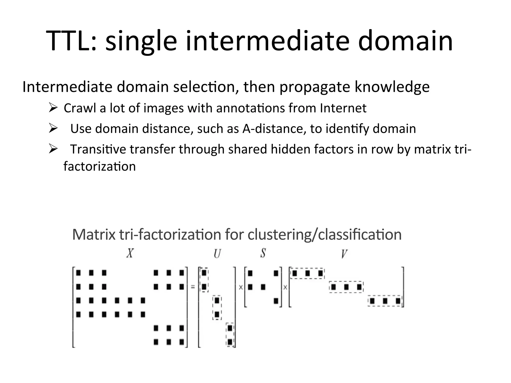 TTL:	single	intermediate	domain
Intermediate	domain	selec7on,	then	propagate	knowledge	
!  Crawl	a	lot	of	images	with	annota7ons	from	Internet		
!  		Use	domain	distance,	such	as	A-distance,	to	iden7fy	domain	
!  		Transi7ve	transfer	through	shared	hidden	factors	in	row	by	matrix	tri-
factoriza7on		
Matrix	tri-factoriza7on	for	clustering/classiﬁca7on	
 