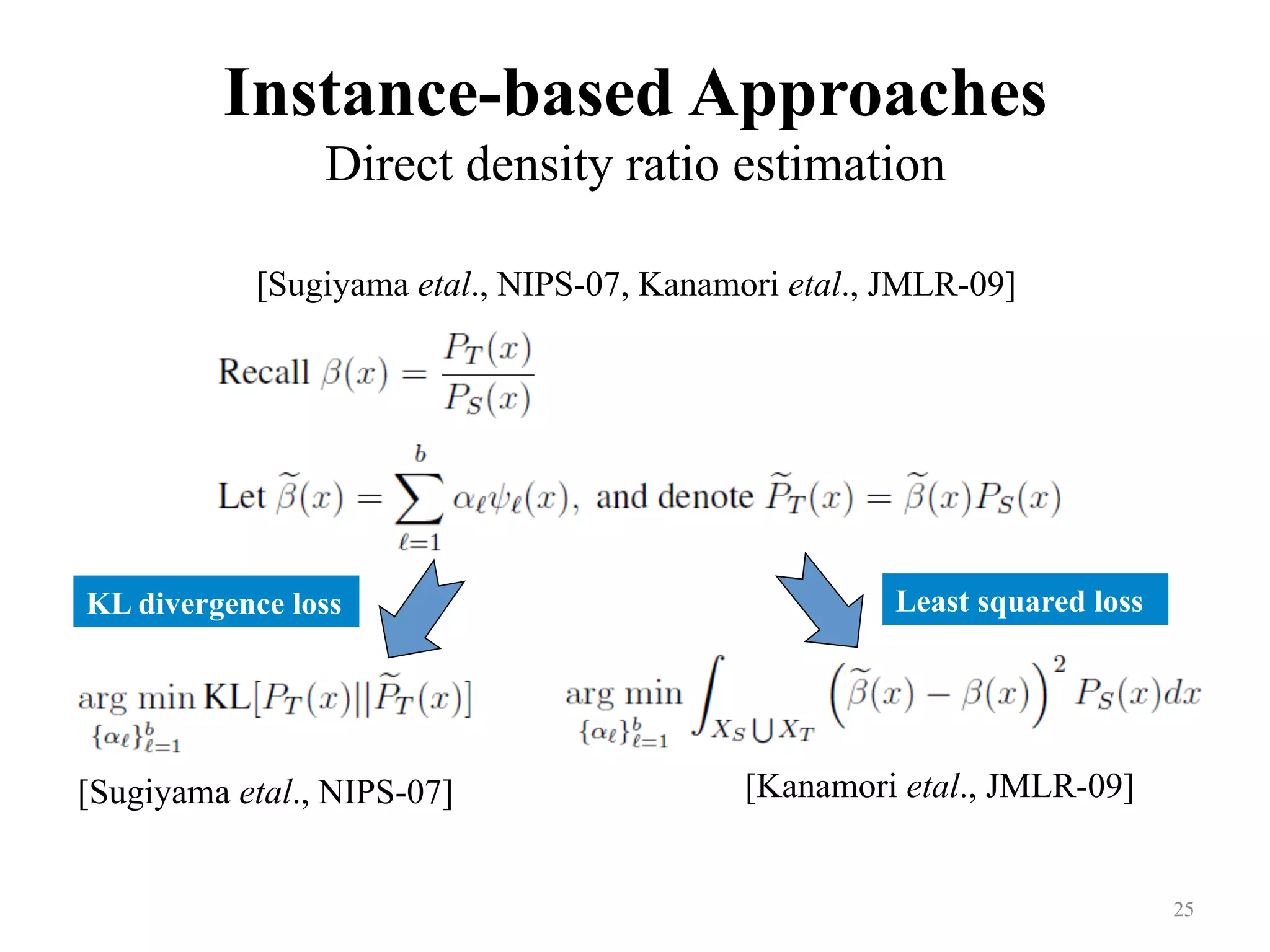 Instance-based Approaches
Direct density ratio estimation
25	
[Sugiyama etal., NIPS-07, Kanamori etal., JMLR-09]
KL divergence loss Least squared loss
[Sugiyama etal., NIPS-07] [Kanamori etal., JMLR-09]
 