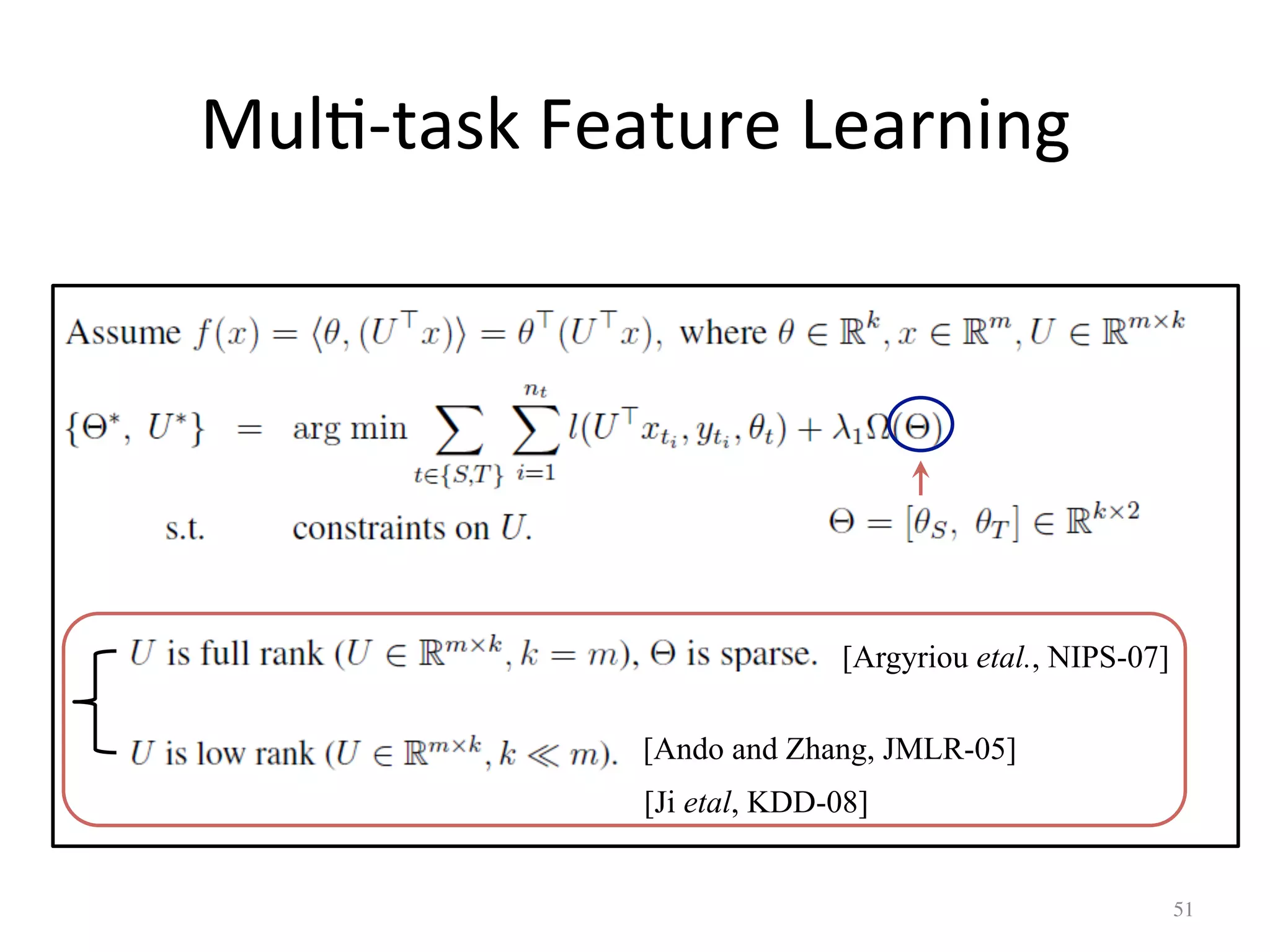 Mul7-task	Feature	Learning
51	
[Argyriou etal., NIPS-07]
[Ando and Zhang, JMLR-05]
[Ji etal, KDD-08]
 