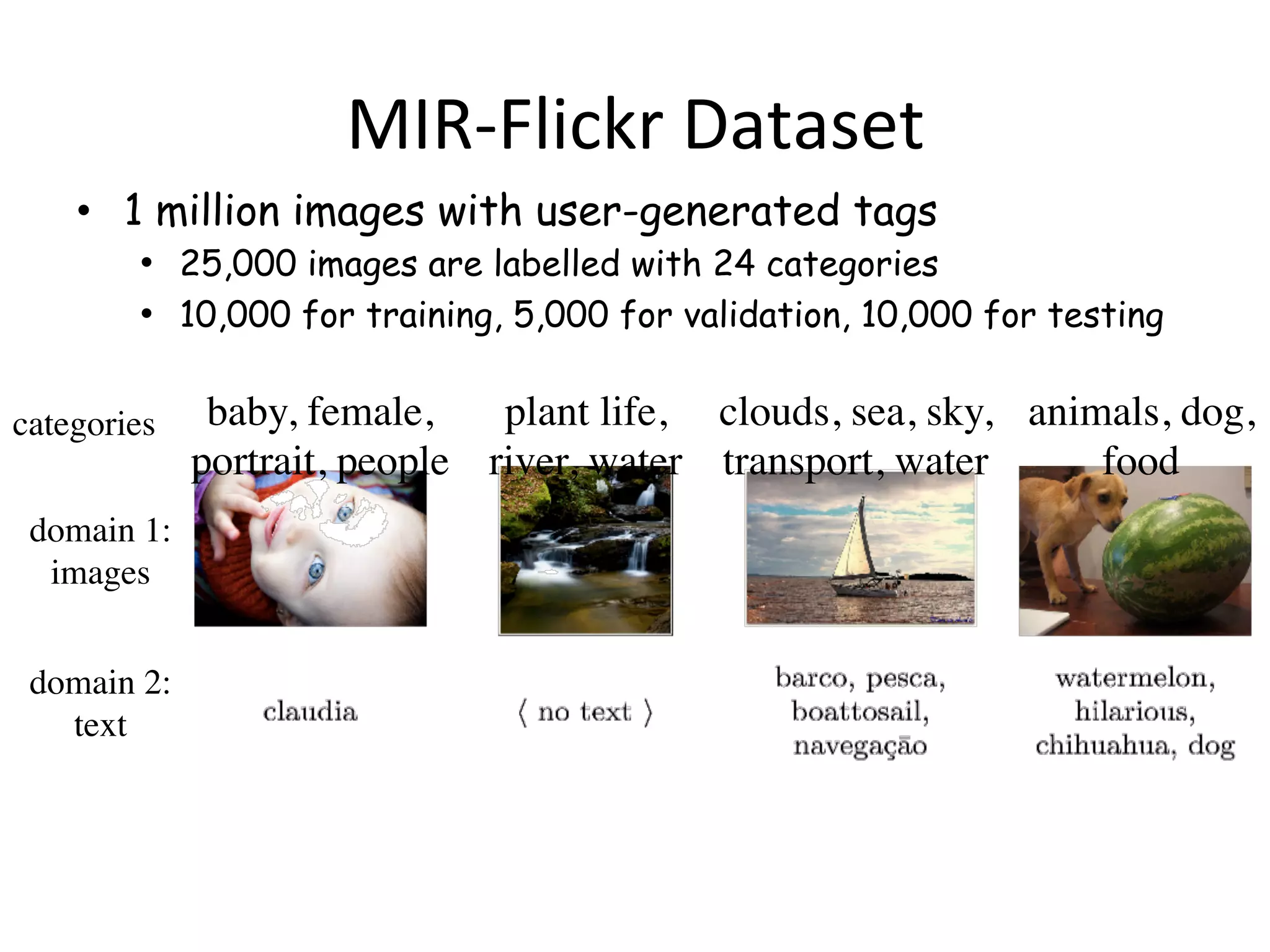MIR-Flickr	Dataset
•  1 million images with user-generated tags
•  25,000 images are labelled with 24 categories
•  10,000 for training, 5,000 for validation, 10,000 for testing
categories baby, female, 	
portrait, people
plant life, 	
river, water
clouds, sea, sky,	
transport, water
animals, dog,	
food
domain 1:
images
domain 2:
text
 