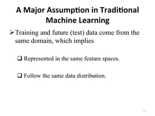 A	Major	Assump7on	in	Tradi7onal	
Machine	Learning
! Training and future (test) data come from the
same domain, which implies
# Represented in the same feature spaces.
# Follow the same data distribution.
13	
 