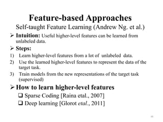 Feature-based Approaches
Self-taught Feature Learning (Andrew Ng. et al.)	
! Intuition: Useful higher-level features can b...