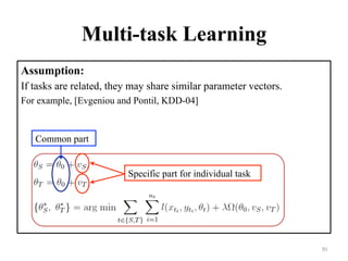 Multi-task Learning
Assumption:
If tasks are related, they may share similar parameter vectors.
For example, [Evgeniou and...