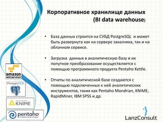 • База данных строится на СУБД PostgreSQL и может
быть развернута как на сервере заказчика, так и на
облачном сервисе.
• Загрузка данных в аналитическую базу и их
попутное преобразование осуществляется с
помощью программного продукта Pentaho Kettle.
• Отчеты по аналитической базе создаются с
помощью подключенных к ней аналитических
инструментов, таких как Pentaho Mondrian, KNIME,
RapidMiner, IBM SPSS и др.
Корпоративное хранилище данных
(BI data warehouse)
 