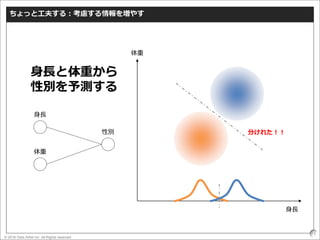 © 2016 Data Artist inc. All Rights reserved
15
ちょっと工夫する：考慮する情報を増やす
性別
身長
体重
身長
体重
身長と体重から
性別を予測する
分けれた！！
 