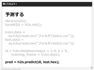 © 2016 Data Artist inc. All Rights reserved
49
書いてみよう！
library(h2o);
localH2O = h2o.init();
train.data =
as.h2o(read.csv(“フォルダ/data1.csv”));
test.data =
as.h2o(read.csv(“フォルダ/data2.csv”));
dl = h2o.deeplearning(x = 1:4, y = 5,
training_frame = train.data);
pred = h2o.predict(dl, test.hex);
予測する
 