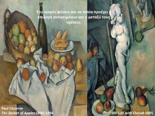 Στις νεκρές φύσεις και τα τοπία προέχει η
επιλογή αντικειμένων και η μεταξύ τους
σχέσεις.
The Basket of Apples 1890–1894 Still Life with Cherub 1895
Paul Cézanne
 
