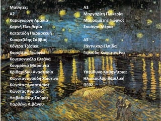 Μαθητές:
Α2
Καραγιώργη Αμαλία
Καρνή Ελευθερία
Καταπόδη Παρασκευή
Κιουρτζίδης Σάββας
Κόντρα Τζέσικα
Κοροβέση Γεωργία
Κουτσονικόλα Ελεάνα
Κουμρίγια Μαρσίντα
Κριθαρίδου Αναστασία
Κωνσταντινούδη Χριστίνα
Κώνστας Αναστάσιος
Κώνστας Κυριάκος
Λειβαδιώτης Σπύρος
Παρθένα Λιβάνου
Α3
Μαργαρίτη Γλυκερία
Μαυρομάτης Γιώργος
Σουάντα Μέρια
Α5
Ζάντνικαρ Ελπίδα
Γερούδη Κωνσταντίνα
Υπεύθυνη Καθηγήτρια:
Ηλιοπούλου Βασιλική
ΠΕ02
 