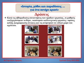 4o Γυμνάσιο Δράμας Σχολικό Έτος 2015-2016
Δράσεις
 Κατά τις εβδομαδιαίες συναντήσεις των ομάδων εργασίας , οι μαθητές
επεξεργάστηκαν το θέμα , εκπόνησαν καλλιτεχνικές εργασίες : αφίσες,
κολάζ, ζωγραφικούς πίνακες και τις ανάρτησαν σε ειδικό χώρο του
σχολείου.
 