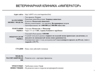 ВЕТЕРИНАРНАЯ КЛИНИКА «ИМПЕРАТОР»
1
Адрес сайта • http://srb951.wix.com/imperatorclinic
КАТЕГОРИЯ/
БИЗНЕС МОДЕЛЬ
• Тип проекта: Услуги
• Рыночная ниша/Индустрия: Здоровье животных
• Клиенты: Владельцы животных
• Модель монетизации - что продаем: Ветеринарные услуги
• Ценообразование: от 1 000 000 до 2 500 000 тенге./мес
ГЕОГРАФИЯ
РЫНКА
• Текущая: Казахстан, г. Павлодар
• Через 3-5 лет: СНГ, страны Ближнего зарубежья
ОБЪЕМ И ДОЛЯ
РЫНКА
• Текущий объем рынка 1 050 000
• Годовой темп роста рынка с первого по седьмой месяц происходит увеличение, а с
восьмого по двенадцатый месяц снова уравнивается.
• Планируемая через 3 года доля рынка:за 3 года планируем продать на 40 млн. тенге с
маржой в 147,7%
СТАДИЯ • Идея, план действий и команда
МОДЕЛЬ
МАСШТАБИРОВАН
ИЯ
• Развитие сети - партнеры/ франшизы
ТРЕБУЕМЫЕ
ИНВЕСТИЦИИ
• Требуемая сумма: 2 млн
• На развитие идеи и открытия ветеринарной клиники
 