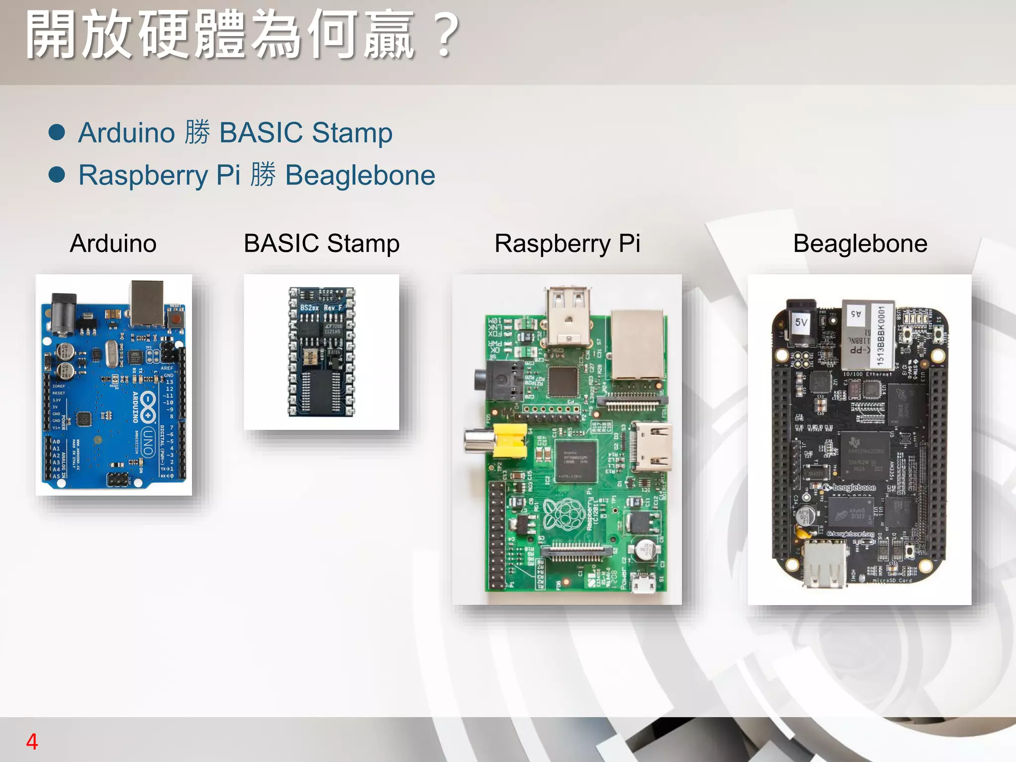 4
開放硬體為何贏？
 Arduino 勝 BASIC Stamp
 Raspberry Pi 勝 Beaglebone
Arduino BASIC Stamp Raspberry Pi Beaglebone
 