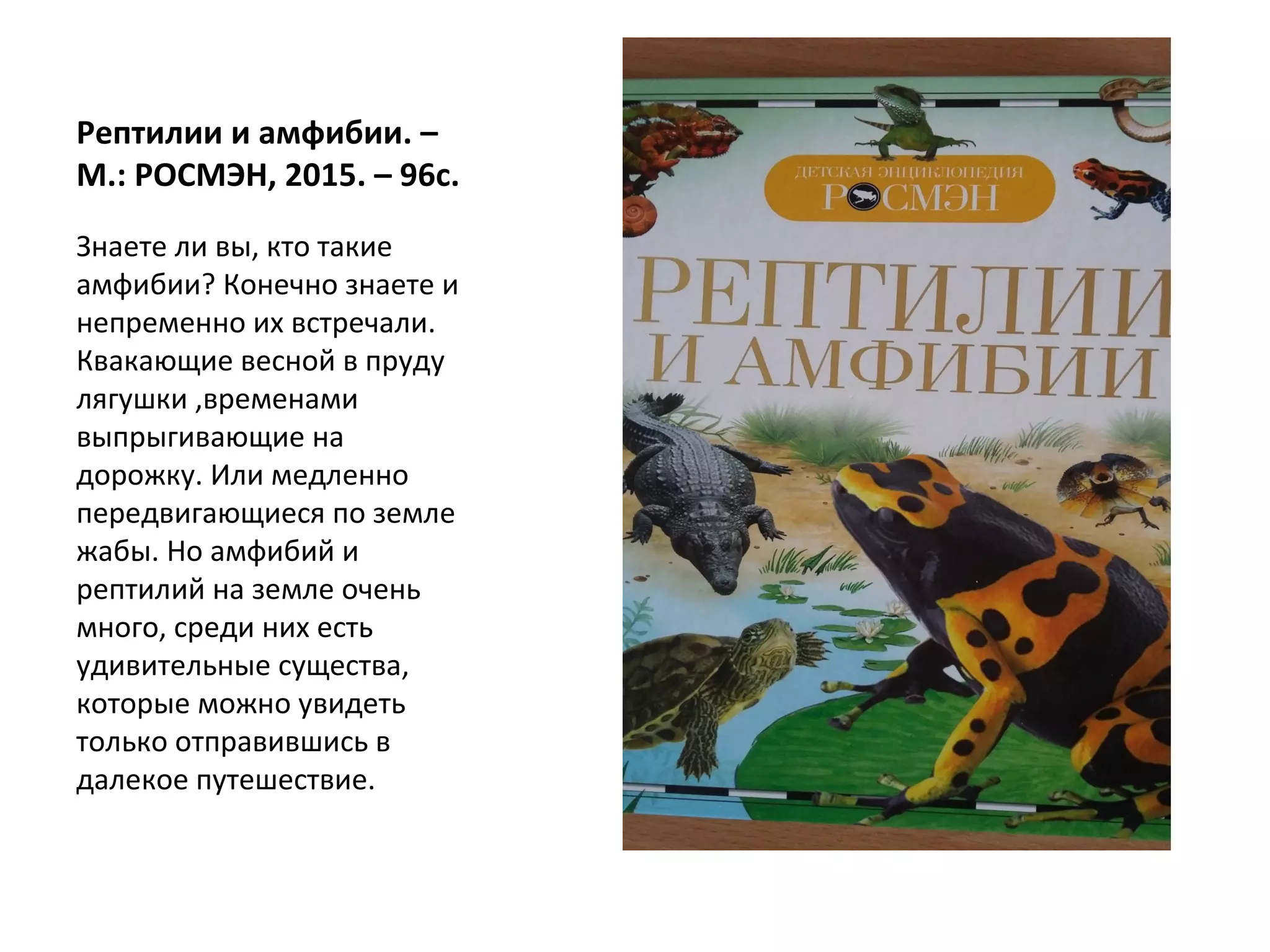 Рептилии и амфибии. –
М.: РОСМЭН, 2015. – 96с.
Знаете ли вы, кто такие
амфибии? Конечно знаете и
непременно их встречали.
Квакающие весной в пруду
лягушки ,временами
выпрыгивающие на
дорожку. Или медленно
передвигающиеся по земле
жабы. Но амфибий и
рептилий на земле очень
много, среди них есть
удивительные существа,
которые можно увидеть
только отправившись в
далекое путешествие.
 