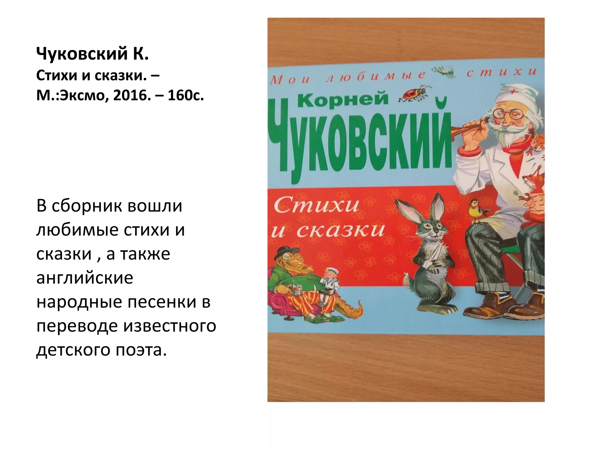 Чуковский К.
Стихи и сказки. –
М.:Эксмо, 2016. – 160с.
В сборник вошли
любимые стихи и
сказки , а также
английские
народные песенки в
переводе известного
детского поэта.
 