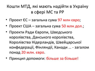 Кошти МТД, які мають надійти в Україну
в сфері МС та РР
• Проект ЄС – загальна сума 97 млн євро;
• Проект США – загальна сума 50 млн дол.;
• Проекти Ради Європи, Шведського
королівства, Данського королівства,
Королівства Нідерландів, Швейцарської
конфедерації, Фінляндії, Канади … - загалом
понад 20 млн. євро.
• Принцип допомоги: більше за більше!
 