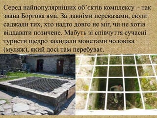 
Серед найпопулярніших об’єктів комплексу – так
звана Боргова яма. За давніми переказами, сюди
саджали тих, хто надто довго не міг, чи не хотів
віддавати позичене. Мабуть зі співчуття сучасні
туристи щедро закидали монетами чоловіка
(муляж), який досі там перебуває.
 