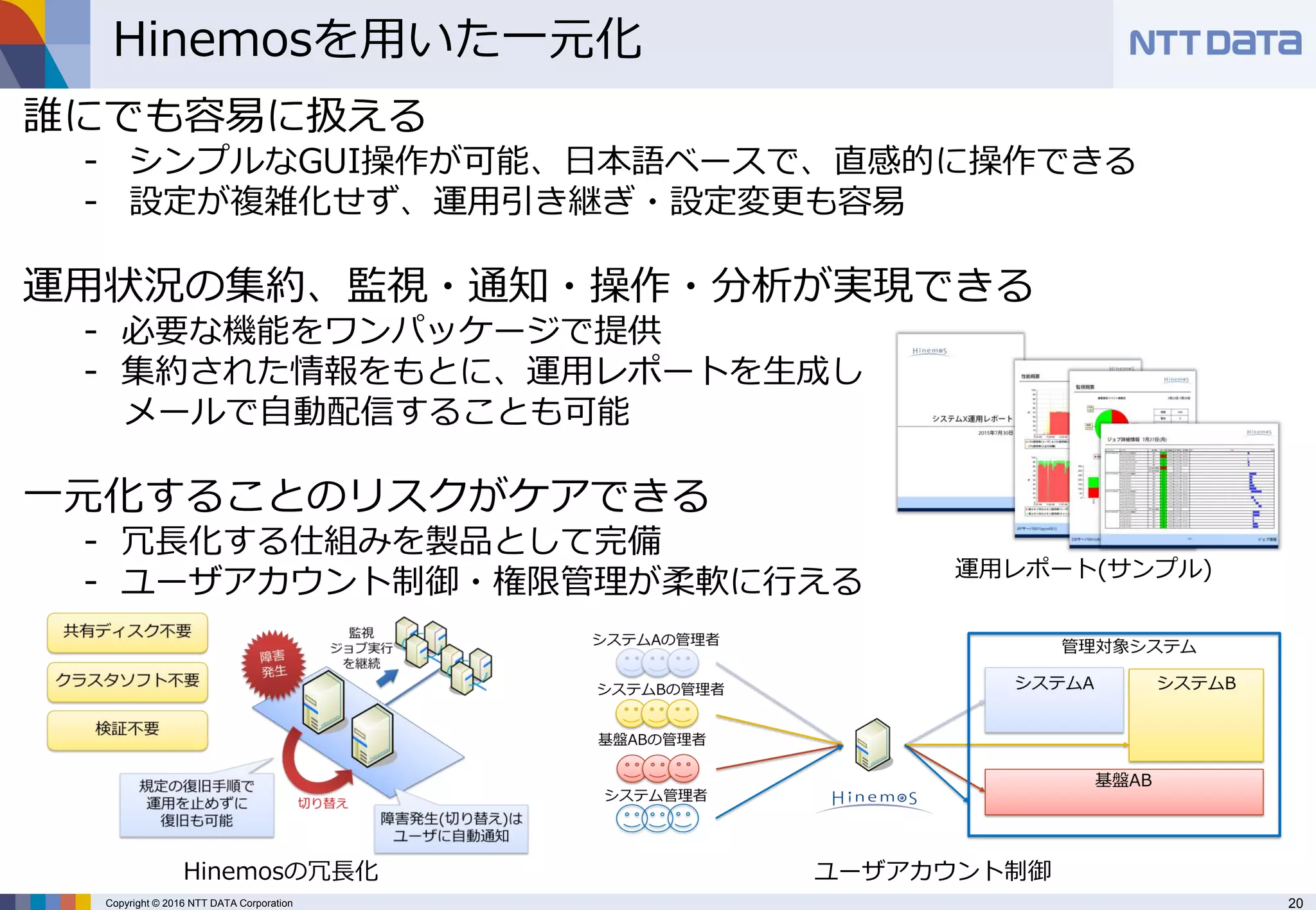 20Copyright © 2016 NTT DATA Corporation
Hinemosを用いた一元化
誰にでも容易に扱える
- シンプルなGUI操作が可能、日本語ベースで、直感的に操作できる
- 設定が複雑化せず、運用引き継ぎ・設定変更も容易
運用状況の集約、監視・通知・操作・分析が実現できる
- 必要な機能をワンパッケージで提供
- 集約された情報をもとに、運用レポートを生成し
メールで自動配信することも可能
一元化することのリスクがケアできる
- 冗長化する仕組みを製品として完備
- ユーザアカウント制御・権限管理が柔軟に行える 運用レポート(サンプル)
Hinemosの冗長化 ユーザアカウント制御
 