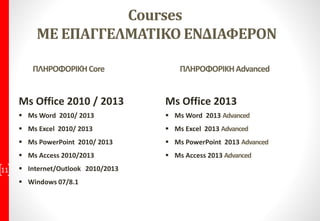 Courses
ΜΕ ΕΠΑΓΓΕΛΜΑΤΙΚΟ ΕΝΔΙΑΦΕΡΟΝ
Ms Office 2010 / 2013
 Ms Word 2010/ 2013
 Ms Excel 2010/ 2013
 Ms PowerPoint 2010/ 2013
 Ms Access 2010/2013
 Internet/Outlook 2010/2013
 Windows 07/8.1
11
ΠΛΗΡΟΦΟΡΙΚΗAdvancedΠΛΗΡΟΦΟΡΙΚΉCore
Ms Office 2013
 Ms Word 2013 Advanced
 Ms Excel 2013 Advanced
 Ms PowerPoint 2013 Advanced
 Ms Access 2013 Advanced
 
