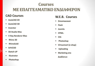 Courses
ΜΕ ΕΠΑΓΓΕΛΜΑΤΙΚΟ ΕΝΔΙΑΦΕΡΟΝ
CAD Courses
 AutoCAD 2D
 AutoCAD 3D
 Inventor
 3D Studio Max
 V-Ray Renderer Max
 Rhino 3D
 RhinoGold
 ArhiCAD
 Sketch UP
 Illustrator
 Photoshop
12
W.E.B. Courses
 Dreamweaver
 Flash
 Joomla
 HTML-
 CSS
 Photoshop
 Virtuemart (e-shop)
 Uploading
 Marketing στο
Διαδίκτυο
 