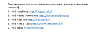 Региональные или национальные продукты/ сервисы конкуренты
(аналоги)
1. №1 Langberry http://langberry.kz/
2. №2 Новое поколение http://novoepokolenie.kz/
3. №3 Алас Тур http://alas-tour.kz/
4. №4 Интер Пресс http://www.interpress.kz/
5. №5 Eshko https://eshko.ua/
 