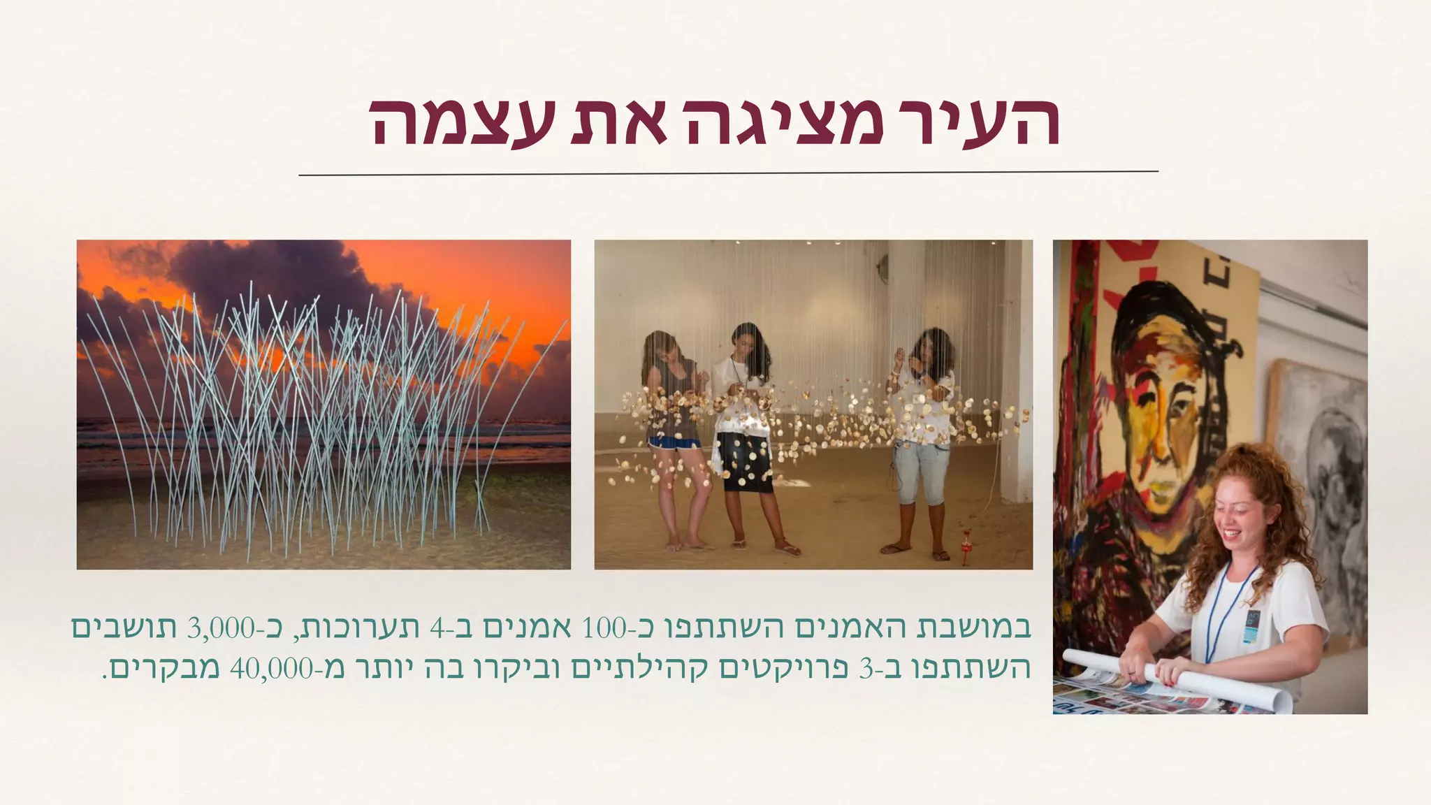 ‫עצמה‬ ‫את‬ ‫מציגה‬ ‫העיר‬
‫תושבים‬ 3,000-‫כ‬ ,‫תערוכות‬ 4-‫ב‬ ‫אמנים‬ 100-‫כ‬ ‫השתתפו‬ ‫האמנים‬ ‫במושבת‬
.‫מבקרים‬ 40,000-‫מ‬ ‫יותר‬ ‫בה‬ ‫וביקרו‬ ‫קהילתיים‬ ‫פרויקטים‬ 3-‫ב‬ ‫השתתפו‬
 