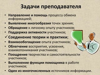Задачи преподавателя
• Направление и помощь процессу обмена
информацией;
• Выявление многообразия точек зрения;
• Обращение к личному опыту участников;
• Поддержка активности участников;
Соединение теории и практики;
• Взаимообогащение опыта участников;
• Облегчение восприятия, усвоения,
взаимопонимания участников;
• Поощрение творчества и самостоятельности
участников;
• Выполнение функции помощника в работе
участников;
• Один из многочисленных источников информации.
 