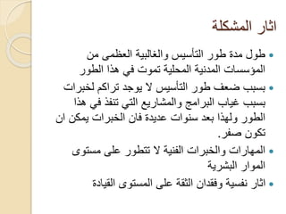 ‫المشكلة‬ ‫اثار‬
‫من‬ ‫العظمى‬ ‫والغالبية‬ ‫التأسيس‬ ‫طور‬ ‫مدة‬ ‫طول‬
‫الطور‬ ‫هذا‬ ‫في‬ ‫تموت‬ ‫المحلية‬ ‫المدنية‬ ‫المؤسسات‬
‫لخب‬ ‫تراكم‬ ‫يوجد‬ ‫ال‬ ‫التأسيس‬ ‫طور‬ ‫ضعف‬ ‫بسبب‬‫رات‬
‫في‬ ‫تنفذ‬ ‫التي‬ ‫والمشاريع‬ ‫البرامج‬ ‫غياب‬ ‫بسبب‬‫هذا‬
‫يمكن‬ ‫الخبرات‬ ‫فان‬ ‫عديدة‬ ‫سنوات‬ ‫بعد‬ ‫ولهذا‬ ‫الطور‬‫ان‬
‫صفر‬ ‫تكون‬.
‫مستوى‬ ‫على‬ ‫تتطور‬ ‫ال‬ ‫الفنية‬ ‫والخبرات‬ ‫المهارات‬
‫البشرية‬ ‫الموار‬
‫القيادة‬ ‫المستوى‬ ‫على‬ ‫الثقة‬ ‫وفقدان‬ ‫نفسية‬ ‫اثار‬
 