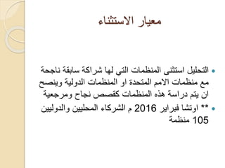 ‫االستثناء‬ ‫معيار‬
‫ساب‬ ‫شراكة‬ ‫لها‬ ‫التي‬ ‫المنظمات‬ ‫استثنى‬ ‫التحليل‬‫ناجحة‬ ‫قة‬
‫وينص‬ ‫الدولية‬ ‫المنظمات‬ ‫او‬ ‫المتحدة‬ ‫االمم‬ ‫منظمات‬ ‫مع‬‫ح‬
‫ومرجعية‬ ‫نجاح‬ ‫كقصص‬ ‫المنظمات‬ ‫هذه‬ ‫دراسة‬ ‫يتم‬ ‫ان‬
**‫اوتشا‬‫فبراير‬2016‫والدوليي‬ ‫المحليين‬ ‫الشركاء‬ ‫م‬‫ن‬
105‫منظمة‬
 