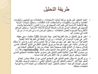 ‫التحليل‬ ‫طريقة‬
‫المعنيي‬ ‫مع‬ ‫والمقابالت‬ ، ‫االستبيانات‬ ‫شملت‬ ‫مركبة‬ ‫طرق‬ ‫على‬ ‫التحليل‬ ‫اعتمد‬‫والجلسات‬ ‫ن‬
‫الب‬ ‫وتحليل‬ ، ‫التكتالت‬ ‫اثناء‬ ‫،والمالحظات‬ ‫والتقييمات‬ ‫،والتدريب‬ ‫النقاشية‬‫االولية‬ ‫يانات‬
‫االجتماع‬ ‫الشئون‬ ‫وزارة‬ ‫في‬ ‫التسجيل‬ ‫اثناء‬ ‫تقدم‬ ‫التي‬ ‫االساسية‬ ‫لألنظمة‬ ‫وفقا‬‫وقدمت‬ ‫ية‬
‫المدنية‬ ‫والشبكة‬ ‫للسالم‬ ‫المدني‬ ‫التحالف‬ ‫في‬ ‫للتسجيل‬‫لالغاثة‬‫و‬ ، ‫االنسانية‬‫المواقع‬ ‫تحليل‬
‫وتحليل‬ ، ‫المنظمات‬ ‫لبعض‬ ‫الموجودة‬ ‫االلكترونية‬‫البرشورات‬‫اور‬ ‫او‬ ‫نشرات‬ ‫واي‬‫اق‬
‫اليد‬ ‫متناول‬ ‫في‬ ‫كانت‬.
، ‫عشوائية‬ ‫عينة‬ ‫تعتبر‬ ‫الطريقة‬ ‫هذه‬ ‫ان‬ ‫التحليل‬ ‫فريق‬ ‫اعتبر‬120‫حقيقة‬ ‫وفي‬ ، ‫منظمة‬
‫العينية‬ ‫ألخذ‬ ‫الطريقة‬ ‫في‬ ‫الخطأ‬ ‫ان‬ ‫وراي‬ ، ‫البيانات‬ ‫الى‬ ‫الوصول‬ ‫مقدرة‬ ‫هي‬ ‫االمر‬
‫يمتل‬ ‫،ال‬ ‫اولى‬ ‫مشروع‬ ‫هو‬ ‫المشروع‬ ‫هذا‬ ‫ان‬ ‫حيث‬ ‫من‬ ‫مهم‬ ‫غير‬ ‫،فهو‬ ‫وجد‬ ‫،ان‬ ‫العشوائية‬‫ك‬
‫للتحال‬ ‫التابع‬ ‫التطوعي‬ ‫التحليل‬ ‫فريق‬ ‫من‬ ‫طوعية‬ ‫جهود‬ ‫غير‬ ،‫مالية‬ ‫مصادر‬ ‫أي‬‫المدني‬ ‫ف‬
‫المخ‬ ‫الشبكتين‬ ‫خارج‬ ‫من‬ ‫عينات‬ ‫بأخذ‬ ‫صحيحة‬ ‫ظلت‬ ‫النتائج‬ ‫ان‬ ‫،وحيث‬ ‫للسالم‬‫تارتين‬
‫النمط‬ ‫بنفس‬ ‫انتاجها‬ ‫يعاد‬ ‫النتائج‬ ‫ان‬ ‫يعني‬ ‫ما‬ ‫،وهو‬ ‫للتحليل‬reproducible‫زاد‬ ‫وهذا‬
‫المج‬ ‫منظمات‬ ‫غالبية‬ ‫مستوى‬ ‫على‬ ‫النتائج‬ ‫تعميم‬ ‫امكانية‬ ‫حول‬ ‫الثقة‬ ‫مستوى‬ ‫من‬‫المدني‬ ‫تمع‬
‫صائبا‬ ‫افتراضا‬ ‫االفتراض‬ ‫هذا‬ ‫ان‬ ‫التحليل‬ ‫فريق‬ ‫،ويعتبر‬ ‫المحلية‬.
‫ت‬ ‫محاور‬ ‫هناك‬ ‫ان‬ ‫مع‬ ‫المدني‬ ‫المجتمع‬ ‫على‬ ‫النتائج‬ ‫تعميم‬ ‫يمكن‬ ‫انه‬ ‫الفريق‬ ‫يري‬‫حتاج‬
‫اكبر‬ ‫عينة‬ ‫لحجم‬*‫الوص‬ ‫واستخدم‬ ، ‫الكمي‬ ‫والتحليل‬ ‫النوعي‬ ‫التحليل‬ ‫ستخدم‬ٌ‫ا‬‫كطريقة‬ ‫ف‬
‫االداري‬ ‫الحياة‬ ‫من‬ ‫المالحظات‬ ‫ايضا‬ ‫التحليل‬ ‫أستخدم‬ ، ‫النوعية‬ ‫البينات‬ ‫لعرض‬‫اليومية‬ ‫ة‬
‫مختلفة‬ ‫لمنظمات‬
 