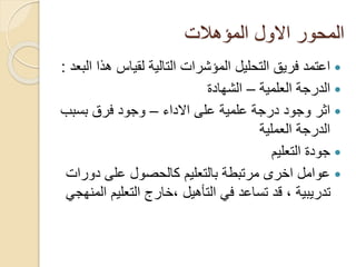 ‫المؤهالت‬ ‫االول‬ ‫المحور‬
‫ه‬ ‫لقياس‬ ‫التالية‬ ‫المؤشرات‬ ‫التحليل‬ ‫فريق‬ ‫اعتمد‬‫البعد‬ ‫ذا‬:
‫العلمية‬ ‫الدرجة‬–‫الشهادة‬
‫االداء‬ ‫على‬ ‫علمية‬ ‫درجة‬ ‫وجود‬ ‫اثر‬–‫بسب‬ ‫فرق‬ ‫وجود‬‫ب‬
‫العملية‬ ‫الدرجة‬
‫التعليم‬ ‫جودة‬
‫دور‬ ‫على‬ ‫كالحصول‬ ‫بالتعليم‬ ‫مرتبطة‬ ‫اخرى‬ ‫عوامل‬‫ات‬
‫التعلي‬ ‫،خارج‬ ‫التأهيل‬ ‫في‬ ‫تساعد‬ ‫قد‬ ، ‫تدريبية‬‫المنهجي‬ ‫م‬
 