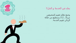 ‫الخدمة‬ ‫في‬ ‫بطء‬‫الحل‬ ‫و‬!!
‫للمضيفين‬ ‫تقييم‬ ‫نظام‬ ‫وضع‬
‫من‬(1.2….5)‫خلال‬ ‫من‬ ‫يستطيع‬‫ه‬
‫الخدمة‬ ‫تقييم‬ ‫الزبائن‬.
 