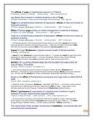 9
The effects of yoga on hypertensive persons in Thailand
R McCaffrey, P Ruknui, U Hatthakit… - Holistic nursing …, 2005 - journals.lww.com
PDF] Stress due to exams in medical students-a role of Yoga
A Malathi, A Damodaran - Indian journal of physiology and pharmacology, 1999 - ijpp.com
Yoga as a complementary treatment of depression: effects of traits and moods on
treatment outcome
D Shapiro, IA Cook, DM Davydov, C Ottaviani… - Evidence-based …, 2007 - hindawi.com
Effect of Sahaja yoga practice on stress management in patients of epilepsy
U Panjwani, HL Gupta, SH Singh… - Indian journal of …, 1995 - ijpp.com
Yoga as a complementary treatment of depression: effects of traits and moods on
treatment outcome
D Shapiro, IA Cook, DM Davydov, C Ottaviani… - Evidence-based …, 2007 - hindawi.com
... The Iyengar approach in the present study focused mainly on more active asanas and included
only brief periods of relaxation and breathing exercises. ... Both rate and depth of respiration affect
HRV (56) and may have a general effect on the autonomic nervous system or an ...
Impact of Yogic Shatkarma in psycho-somatic health of female teachers
M Rastogi - indianyoga.org
... Impact of Yogic Shatkarma in psycho-somatic health of ... To assess the impact of yogic intervention
parameters on psycho-somatic health. ... 2. Kumar, Kamakhya, Sharma, charu, Kumar Abhishek
(2010)-effect of jal nati on optic nerve conduction velocity, Yoga mimansa april 2010 ...
EFFECT OF UJJAIYEI PRANAYAMA ON PSYCHOMOTOR ABELITIES OF
VOLLEYBALL PLAYERS
GS Singh - Maharani Laxmibai - mpcolleges.nic.in
... This is done through the practice of Asana, Pranayama, Mudra, Bandha, Shatkarma and
Meditation ... Pranayama is more important because it produces deeper effects as far as the outcomes
are ... STUDY ON THE EFFECT OF YOGA (YOGASANS, PRANAYAM AND MEDITATION). ...
Study on the effect of Pranakarshan pranayama and Yoga nidra on alpha EEG &
GSR
K Joshi - 2009 - visionlibrary.vethathiri.edu.in
... Keywords: Asana, Pranayama, Shatkarma, Yoga Nidra, ESR IPC Int. ... of Literature Various studies
have been done in different part of world for observing the effect of Yoga ... Yoga classes; so all
had been practicing the set of Asanas, Pranayamas and Shatkarmas regularly (except ...
Effect of pranayama & yoga-asana on cognitive brain functions in type 2
diabetes-P3 event related evoked potential (ERP).
T Kyizom, S Singh, KP Singh… - Indian Journal of …, 2010 - search.ebscohost.com
... An improvement in the latency and amplitude of N2 and P3 waveform is seen in theyoga group
which regularly and strictly performed pranayama and asanas for 45 days (Tables IV ... The effect
of yoga therapy in diabetes mellitus. ... Human auditory potentials: II Effects of attention. ...
The neural basis of the complex mental task of meditation: neurotransmitter and
neurochemical considerations
 