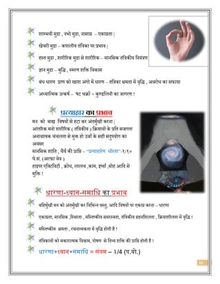 15
शाम्ििी मुद्रा , निो मुद्रा, नासाग्र – एकाग्रिा |
खेचरी मुद्रा – कपालीय िंवत्रका पर प्रिाि |
हस्ि मुद्रा , शारीररक मुद्रा से शारीररक – मानवसक िंवत्रकीय वनयंत्रण
ज्ञान मुद्रा – बुवर्द् , स्मरण शवक्त विकास
बंि िारण प्राण को खाश अंगो में िारण – िंवत्रका क्षमिा में िृवर्द् , अिरोि का सफाया
अध्यावत्मक उत्कषज – षट चिों + कुण्र्वलनी का जागरण !
प्रत्याहार का प्रभाव
मन को बाह्य विषयों से हटा कर अंिमुजखी करना |
आंिररक मनो शारीररक ( िंवत्रकीय ) वियायों के प्रवि सजगिा
अनािश्यक चंचलिा से मुक्त हो उजाज के सही सर्दुपयोग का
अिसर
मानवसक शांवि , िैयज की प्रावप्त – “प्रत्याहारेण िीरिा”-१/१०
घे.सं. (अल्फ़ा िेि )
हाइपर एवसटविटी , िोि, लालच ,काम, इष्याज ,मोह आवर्द से
मुवक्त !
धािणा-ध्यान-समात्रध का प्रिाव
बवहमुजखी मन को अंिमुजखी कर विविन्न िस्िु, आवर्द विषयों पर एकाग्र करना – िारणा
एकाग्रिा, मानवसक ,वस्थरिा , मवस्िष्कीय समरस्ििा, िंवत्रकीय ग्रहनवशलिा , वियाशीलिा में िृवर्द् !
मवस्िष्कीय क्षमिा , रचनात्मकिा में िृवर्द् होिी है !
िंवत्रकायों को सकारात्मक विश्राम, पोषण से वर्दव्य शवक्त की प्रावप्त होिी है !
धािणा+ध्यान+समात्रध = संयम – ३/4 (प.यो.)
 