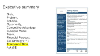 Executive summary
Grab,
Problem,
Solution,
Opportunity,
Competitive Advantage,
Business Model,
Team,
Financial Forecast,
Exit Strategy (+/-),
Traction to Date,
Ask ($$)
 