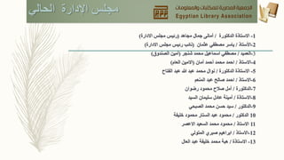 ‫مجلس‬‫اإل‬‫دارة‬‫الحالي‬
1-‫الدكتورة‬ ‫االستاذة‬/‫مجاهد‬ ‫جمال‬ ‫أمانى‬(‫االدارة‬ ‫مجلس‬ ‫رئيس‬)
2-‫األستاذ‬/‫عثمان‬ ‫مصطفي‬ ‫ياسر‬(‫االدارة‬ ‫مجلس‬ ‫رئيس‬ ‫نائب‬)
3-‫العميد‬/‫شنجر‬ ‫محمد‬ ‫اسماعيل‬ ‫مصطفي‬(‫الصندوق‬ ‫أمين‬)
4-‫االستاذ‬/‫أمان‬ ‫أحمد‬ ‫محمد‬ ‫احمد‬(‫العام‬ ‫االمين‬)
5-‫الدكتورة‬ ‫االستاذة‬/‫الفتاح‬ ‫عبد‬ ‫هللا‬ ‫عبد‬ ‫محمد‬ ‫نوال‬
6-‫االستاذ‬/‫المنعم‬ ‫عبد‬ ‫صالح‬ ‫احمد‬
7-‫الدكتورة‬/‫رضوان‬ ‫محمود‬ ‫صالح‬ ‫أمل‬
8-‫االستاذة‬/‫السيد‬ ‫سليمان‬ ‫عادل‬ ‫أمينة‬
9-‫الدكتور‬/‫محمد‬ ‫حسن‬ ‫سيد‬‫الصبحي‬
10‫الدكتور‬/‫خليفة‬ ‫محمود‬ ‫الستار‬ ‫عبد‬ ‫محمود‬
11‫االستاذ‬/‫االعصر‬ ‫السعيد‬ ‫محمد‬ ‫محمود‬
12-‫االستاذ‬/‫المتولي‬ ‫صبري‬ ‫ابراهيم‬
13-‫االستاذة‬/‫العال‬ ‫عبد‬ ‫خليفة‬ ‫محمد‬ ‫هبة‬
 